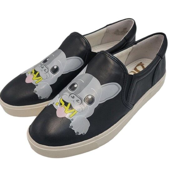 Sam Edelman Bulldog Sneakers Puppy Dog Black Slip On Sneakers Art Shoes New - Picture 4 of 11